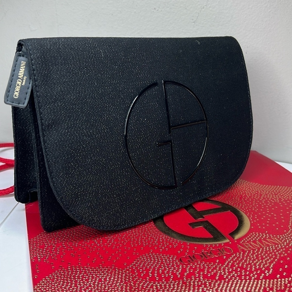Giorgio Armani Matte Black Clutch Bag with Interior Zipper, Gift Bag - New
